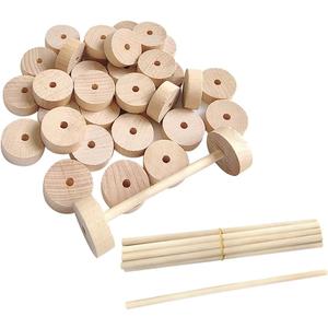 30 Pcs Unfinished Wooden Wheels Small Craft Wheels Flat Model Car Wheels Wood Crafting Supplies with 15 Pcs Wooden Sticks