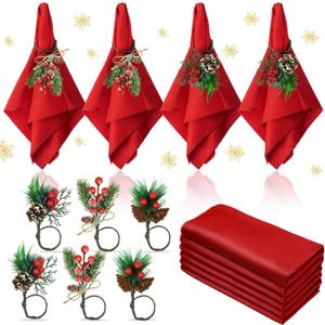 Korlon Tec 12Pcs Christmas Napkins and Ring Set 6Pcs Washable Red Christmas Napkins Cloth and 6Pcs Christmas Napkin Rings for Holiday Party Dinner Christmas Table Decorations