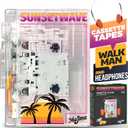 MAJIMA Bluetooth Cassette Player + FM Radio + Headphones Included + USB & AA Powered + Transparent Vintage Design  Retro Walkman Style Gift  SunsetWave Edition