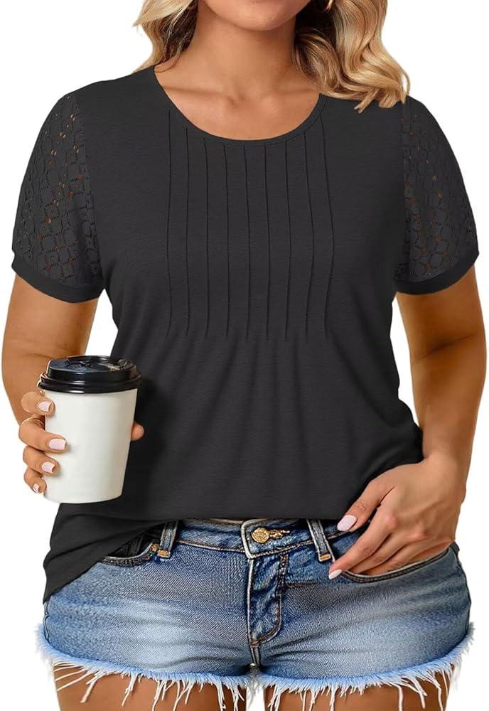 VISLILY Womens-Plus-Size-Summer-Tops Trendy Puff Short Sleeve T Shirts Cute Flowy Pleated Blouses Casual Crewneck Tunics Tee Black 2XL