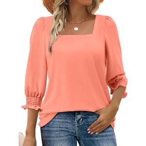 Women Dressy Shirt 3/4 Sleeve Blouse Casual 2025 Fall Fashion Top Square Neck Pleated Loose Fit Business Basic Top (Pink, M)