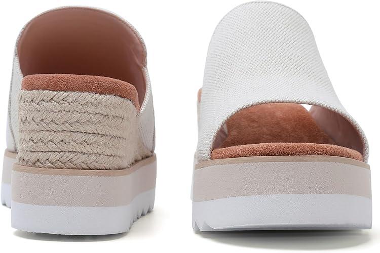 Platform Sandals Raffia Wedge Mules for Women Round Open Toe Slip On Sandals Espadrilles Womens Slides Shoes for Vacation Summer Beach (White, 7)