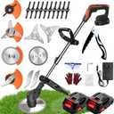 Weed Wacker, Electric Weed Wacker, String Trimmer with 2 Batteries and Charger, Grass Trimmer Lawn Mower Edgerr with 3 Types of Blades, Brush Cutter with Retractable Length and 90° Rotating Head