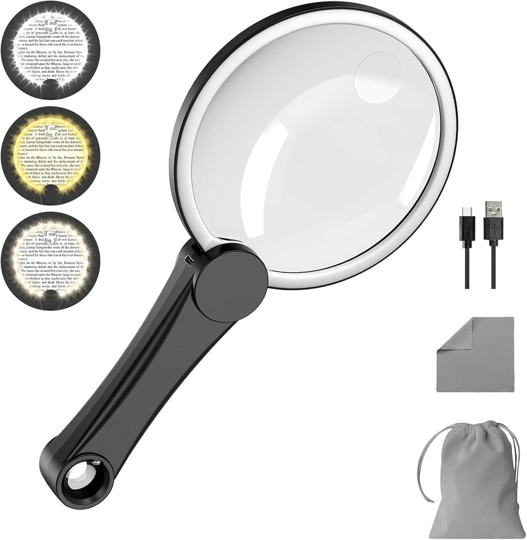 10X 20X 45X Large Magnifying Glass with Light, 5.2" Dimmable Handheld Magnifier with 49 LED and 3 Light Modes, Rechargeable Lighted Magnifying Glasses for Seniors Reading Books Close Work Coin