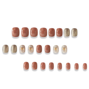 Fall Press on Nails Short Square Fake Nails with Designs Maple Leaf Glue on Nails Brown Stick on Nail Gold Glitter False Nail Glossy Reusable for Women Girls Autumn Thanksgiving Manicure 24pcs