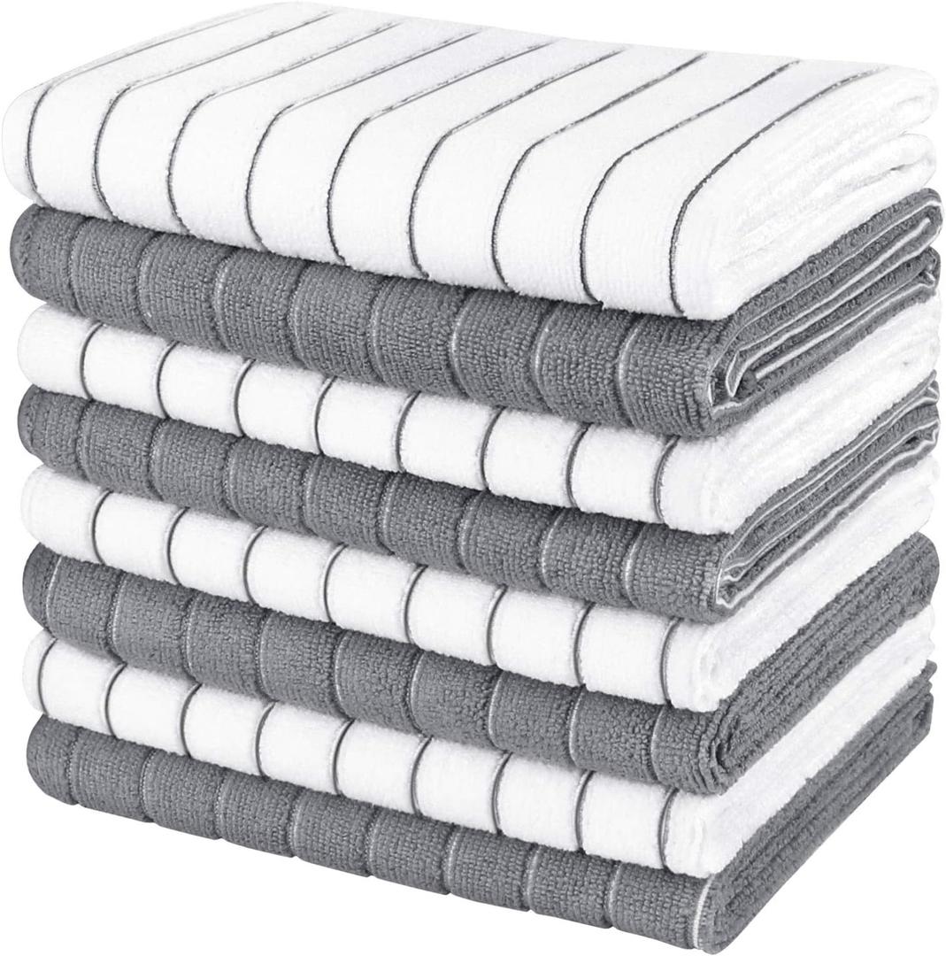 AIDEA Kitchen Towels-8PK, Super Soft and Absorbent Drying Towels for Dishes, Microfiber Cleaning Cloth Multi-Purpose Dish Towels for Kitchen, Home-Grey/White -18x26