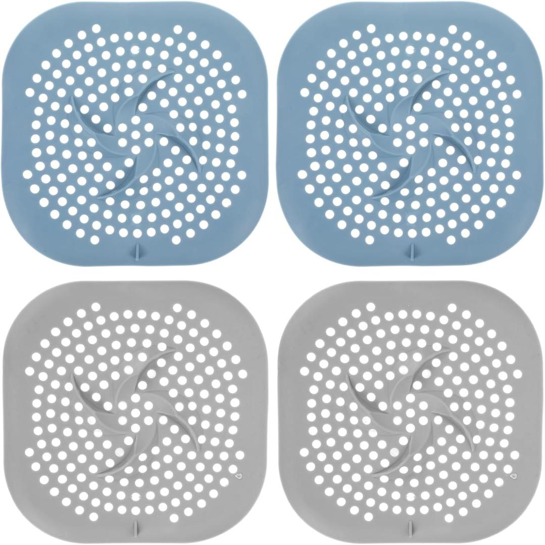 ElevateTech Shower Drain Hair Catcher, 4 Pcs Drain Cover with Suction Cups Square Silicone Hair Catcher Shower Drain-Strainer Protector for Bathroom, Bathtub, Kitchen Sink, Household Use (Blue, Grey)