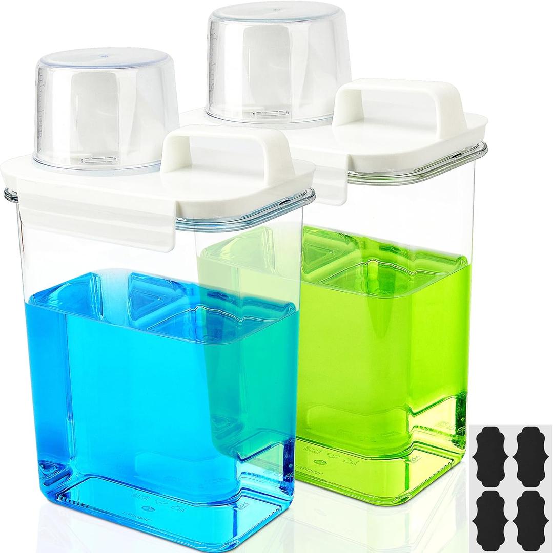 2PCS Laundry Detergent Dispenser, 60.9oz Plastic Liquid Detergent Dispenser for Laundry Room/Powder/Fabric Softener with Labels, Clear