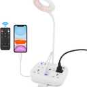 LED Desk Lamp, Adjustable Table Light with Remote Control, Eye-Caring Dimmable Office Lamp with 2 USB Charging Ports, 4 AC Power Outlets, Phone Stand, Multi Brightness Levels (White)
