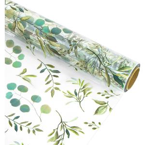 Whaline Eucalyptus Cellophane Wrap Roll Greenery Clear Wrapping Paper 100 Ft x 16 Inch Green Leaves Plastic Gift Basket Wrap for Wedding Birthday Baby Shower Party DIY Craft Supplies