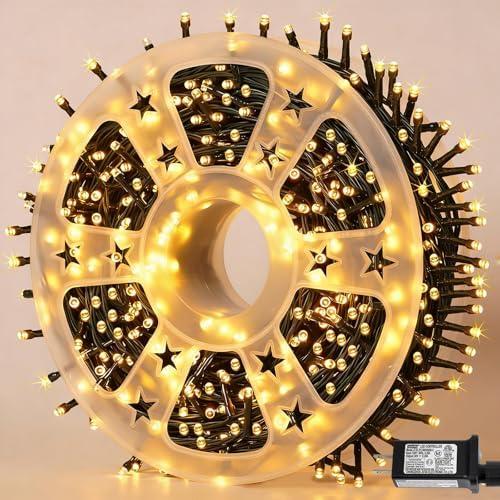 YEGUO 165ft 500 LED Christmas Lights Outdoor Waterproof, Warm White String Lights Indoor, 8 Modes Green Wire Twinkle Xmas Tree Lights Plug in with Memory Timer
