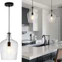 2 Pack 9.3" Glass Pendant Lighting for Kitchen Island, Black Large Pendant Light Fixture with blown Thickened Glass,1 Light Farmhouse Hanging Light for Hallway, Bedroom, Living Room Tall 14 inch