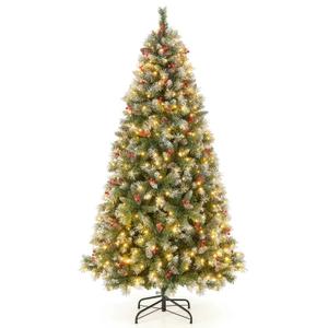 6.5 FT Artificial Christmas Tree Hinged w/ 420 Warm LED Lights & 207 Red Berries