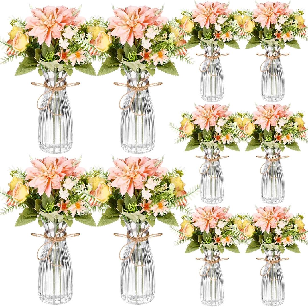 30 Pack Artificial Flowers with Vase Bulk, 20 Bundles Silk Floral Bouquet 10 Clear Vase with 1 Pcs Rope, Mason Jar Table Centerpiece Arrangement Wedding Party Decor (Dahlia,Champagne)