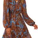 PRETTYGARDEN Women's Fall Boho Dresses 2026 Floral Long Sleeve V Neck Mini Flowy Wedding Guest Dress Trendy Vacation Outfits (M)