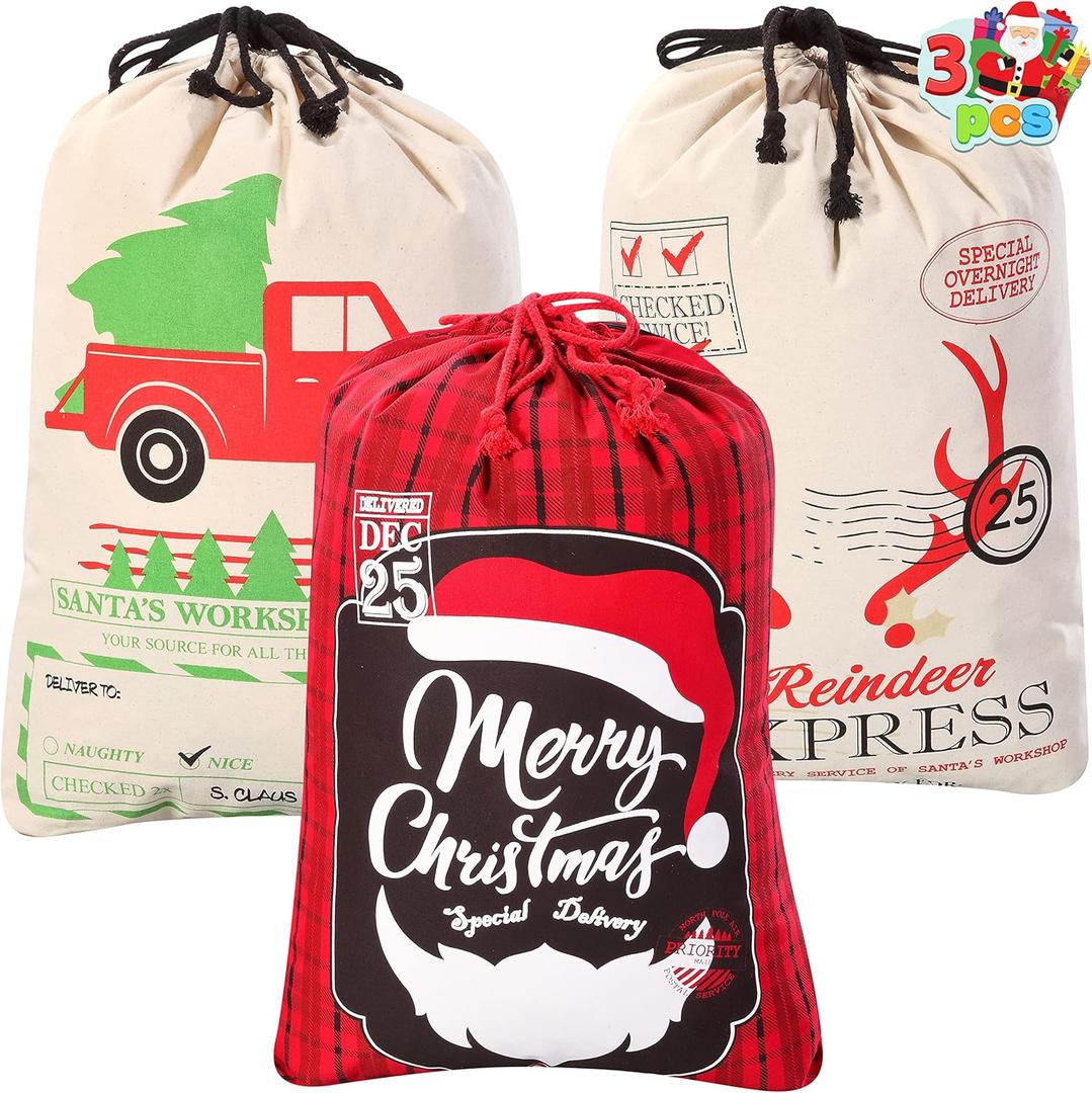 JOYIN 3 PCS Christmas Santa Burlap Sack 26" x 19", Large Canvas Gift Bag with Drawstring Reusable Personalized Cloth Pouch for Xmas Presents Package, Party Supplies, Party Favor Decorations