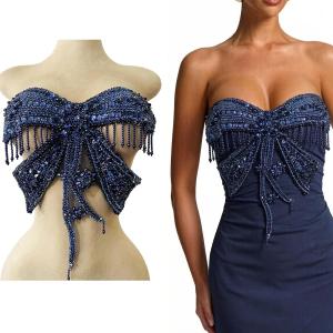 Butterfly Shape Bodysuit Applique Pure Hand-Stitched Beads and Crystal Patches Creative Tassels Shiny Dress Decorative Accessories (Deepblue)