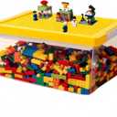 Toy Storage Organizer Bin for Lego, Plastic Organizer Box with Removable Tray and Building Baseplate Lid, Stackable Building Block Storage, Craft Storage Container for Lego Art, Toy, Tool, Sewing (Yellow)