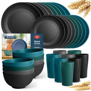 Teivio 32-Piece Kitchen Plastic Wheat Straw Dinnerware Set, Service for 8, Dinner Plates, Dessert Plate, Cereal Bowls, Cups, Unbreakable Colorful Plastic Outdoor Camping Dishes,Coastal