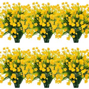 TURNMEON 12 Bundles Artificial Flowers for Outdoors Summer Decor, Realistic UV Resistant Fake Plants Faux Plastic Flowers for Outside Planter Home Gardens Porch Yards Spring Cemetery Decor(Yellow)