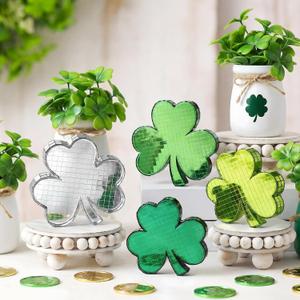Threehoney 4 Pcs St Patricks Day Disco Mirrored Shamrock Decoration Green Table Centerpieces Irish Clover Signs Ornament Tiered Tray Decor for Holiday Party Office Shelf Home Decoration