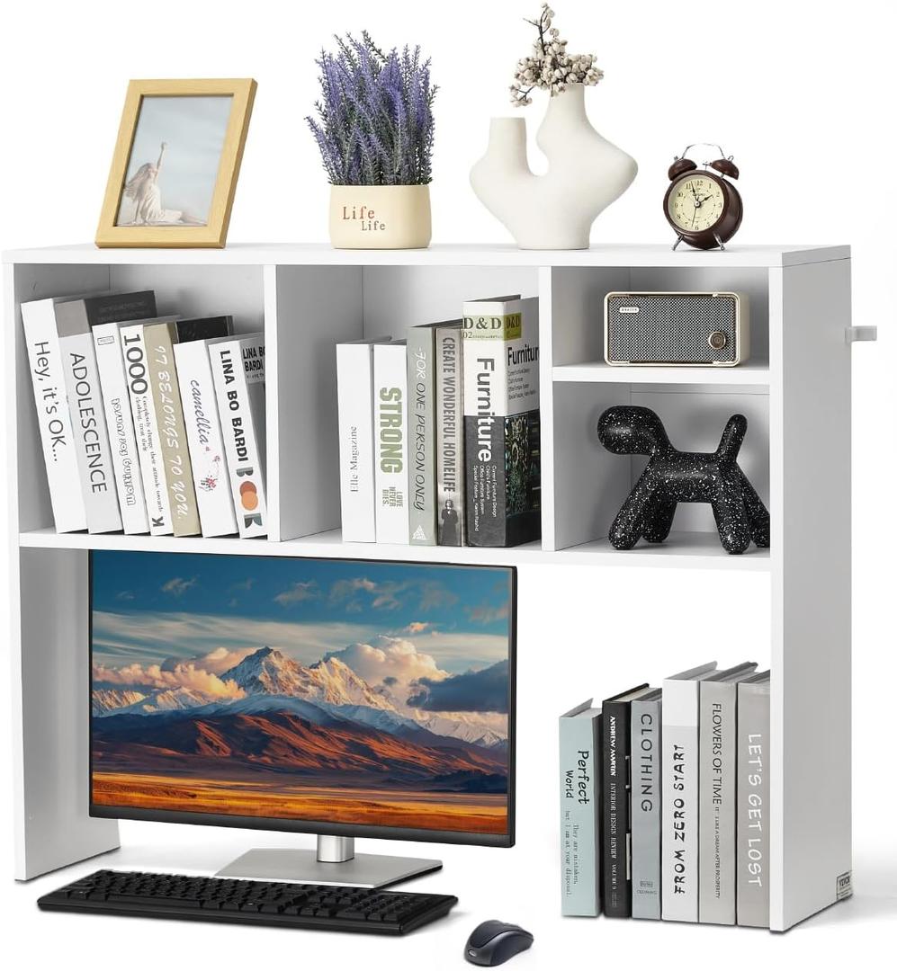 VEVOR Desktop Bookshelf, Storage Organizer with 5 Shelves for Computer Desk, Wooden Shelf Desk Hutch with Anti-Slip Feet Pads, Desk Top Display Rack for Office, Home & Dorm, White