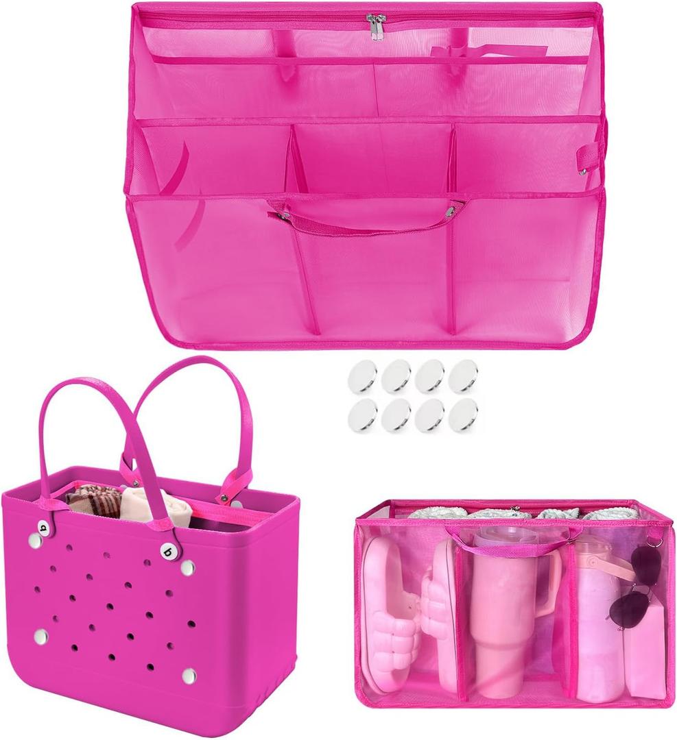 XYFuuee Beach Bag Organizer Inserts for Original Large Bogg Bag Accessories with 8 Removable Metal Fasteners, Lightweight Mesh Insert Divider Pouch, Organizing Rubber Tote, Save Space, Hot Pink XL