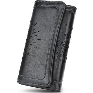APHISON Womens Wallets RFID Blocking Leather Clutch Long Wallet for Women Card Holder Phone Organizer Ladies Travel Purse Hollow Out Sunflower Design Gift (Black)