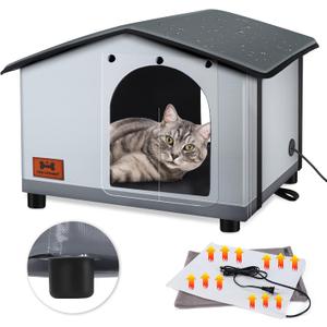 Insulated Heated Cat House Indoor/Outdoor, Elevated Cat House with Heated Pad for Winter, Outside Weatherproof Shelter for Feral Cats and Small Dogs (20"x17"x16")