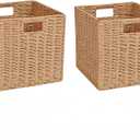 Foldable Wicker Storage Baskets,Paper Rope Square Storage Cubes,Wicker Basket for Organizing Shelves Living Room Bedroom Pantry, Set of 2 Baskets,11''x11''x11''