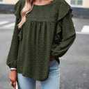 PRETTYGARDEN Women's Long Sleeve Shirts Ruffle Swiss Dot Crochet Loose Fit Tunic Dressy Casual Tops Blouses Spring Fashion (Green, XS)
