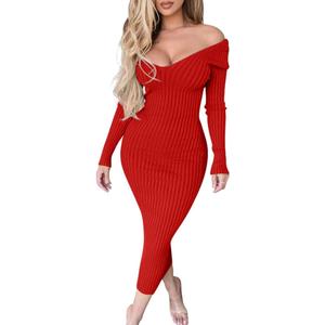 BEAGIMEG Women's Sexy Long Sleeve Off Shoulder Knit Bodycon Long Dress (Large, Red)