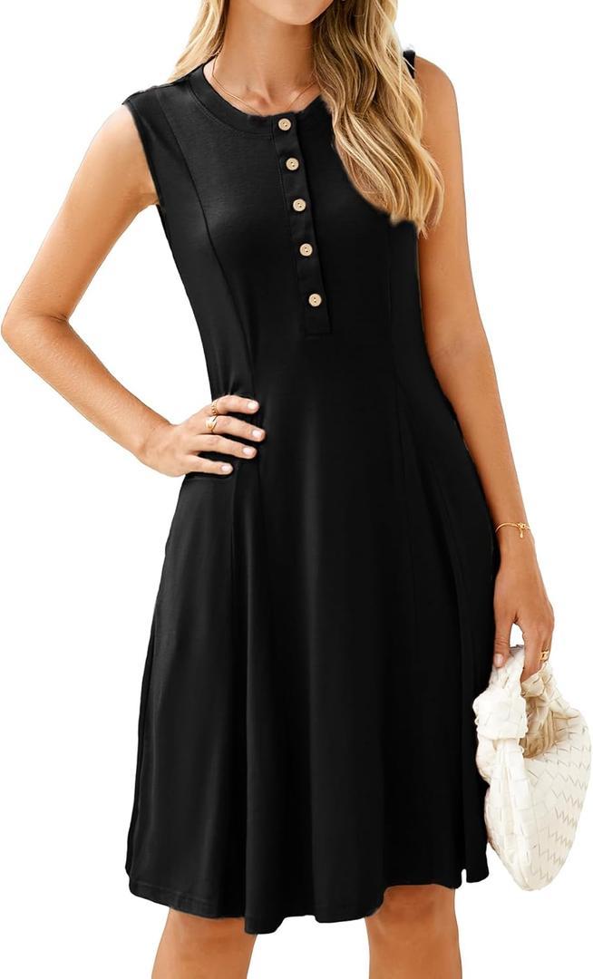 Simplee Womens 2025 Summer Mini Dress - Casual Sleeveless Button Down Vacation Short Sundress with Pockets (X-Large, Black)