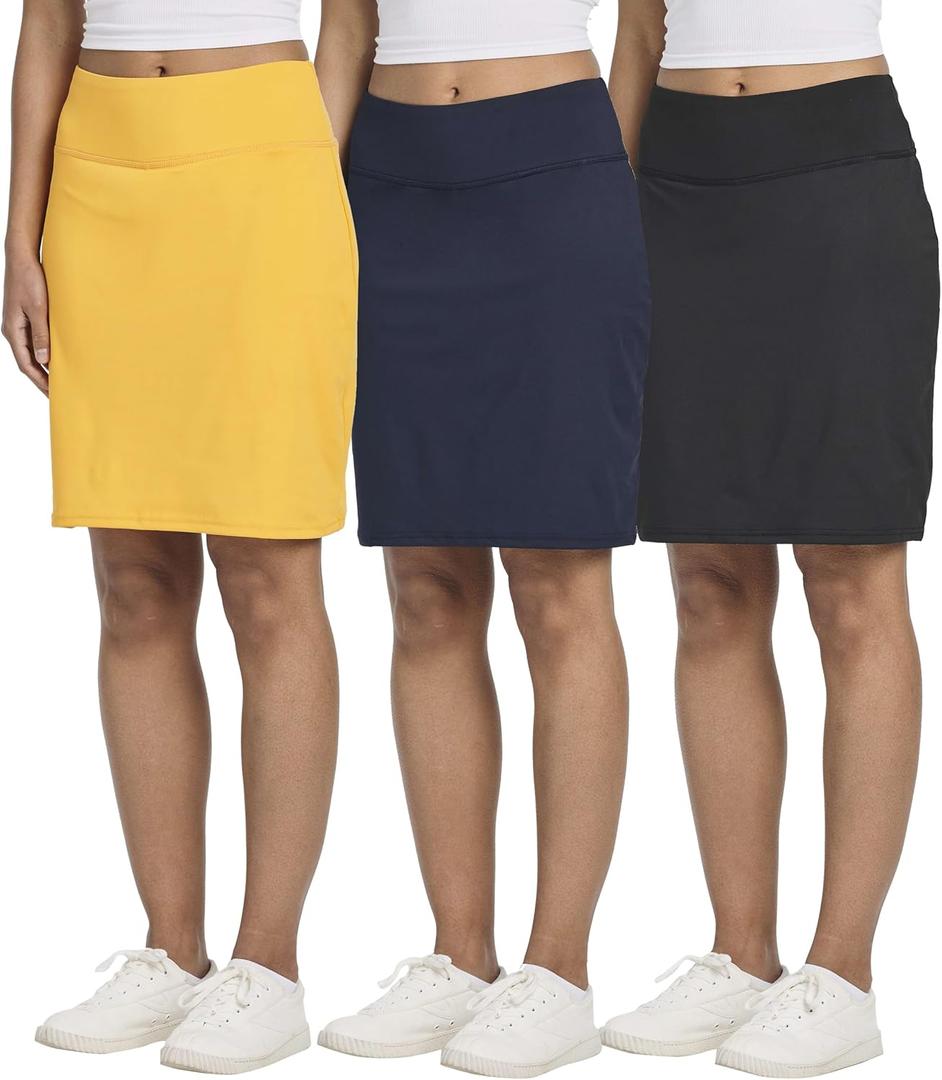 Real Essentials 3 Pack: Women's 20" Golf Skirts Knee Length Skorts Athletic Long Active Casual Pockets, L