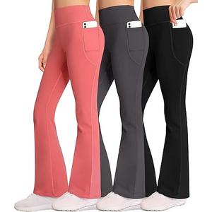 AENLLEY Girl Yoga Flare Wide Leg Tummy Control Stretchy Pants for Causal with Pockets 3 Pack XL