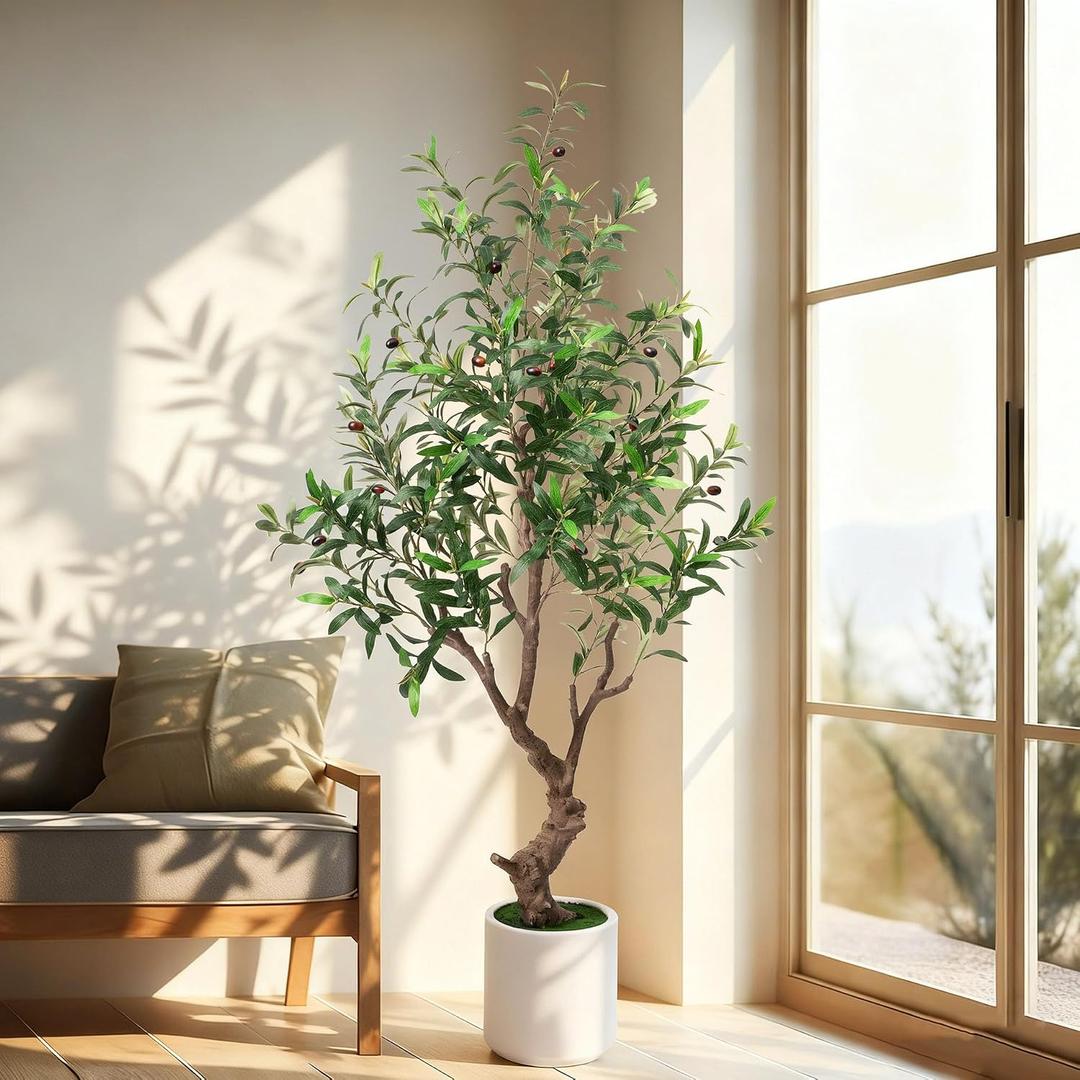 Faux Olive Tree 5ft with White Pot - Artificial Olive Tree with Lifelike Leaves & Fruits, Fake Plant Indoor for Home Decor, Living Room, Office - Silk Leaves, Sturdy Trunk, No Maintenance
