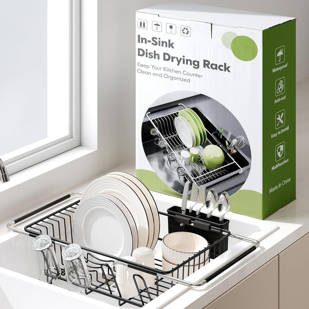 Over the Sink Expandable Dish Drainer Drying Rack In Stainless Steel for Small Kitchen, Counter Space Saving Modern Compact Metal Above Plate Dryer Strainer, Adjustable Hanging Inside Drain Holder (Black)