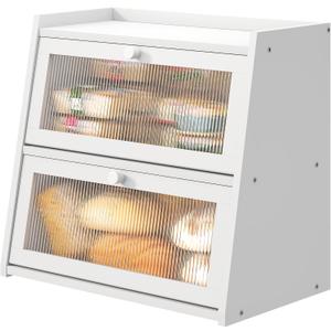 White Bread Box for Kitchen Counter, Large Bread Box With Cutting Board, Bamboo Wood Large Capacity Bread Storage Bin with Acrylic Wavy Door Panel 