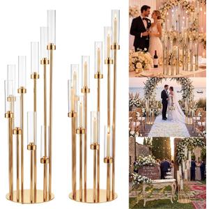 Mumufy Extra High 50'' Floor Candelabra Gold Candle Holders Tall Floor Candle Holder with Acrylic Lampshade for Wedding Table Birthday Party Home Decoration Fit LED Candles (2 Pcs,9 Arm)