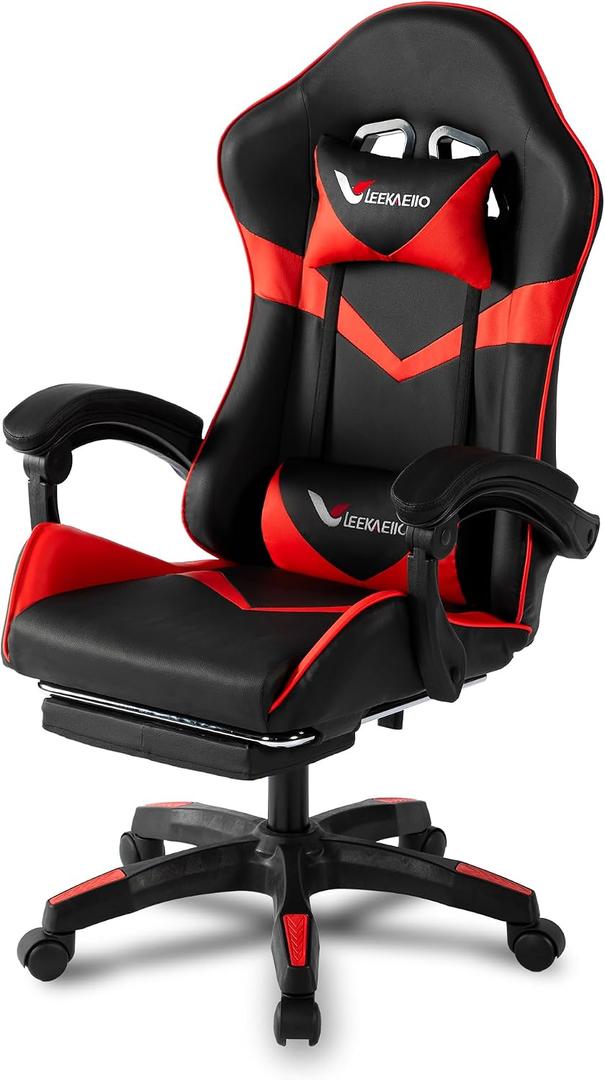 Leekaeiio Gaming Chair for Adults, Ergonomic Computer Gaming Chair with Footrest & Lumbar Support, Height Adjustable 360° Swivel Reclining Home Office Desk Chair (Black & Red)
