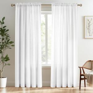Melodieux White Semi Sheer Curtains 84 Inches Long for Living Room - Linen Look Bedroom Rod Pocket Voile Drapes, 52 by 84 Inch (2 Panels)