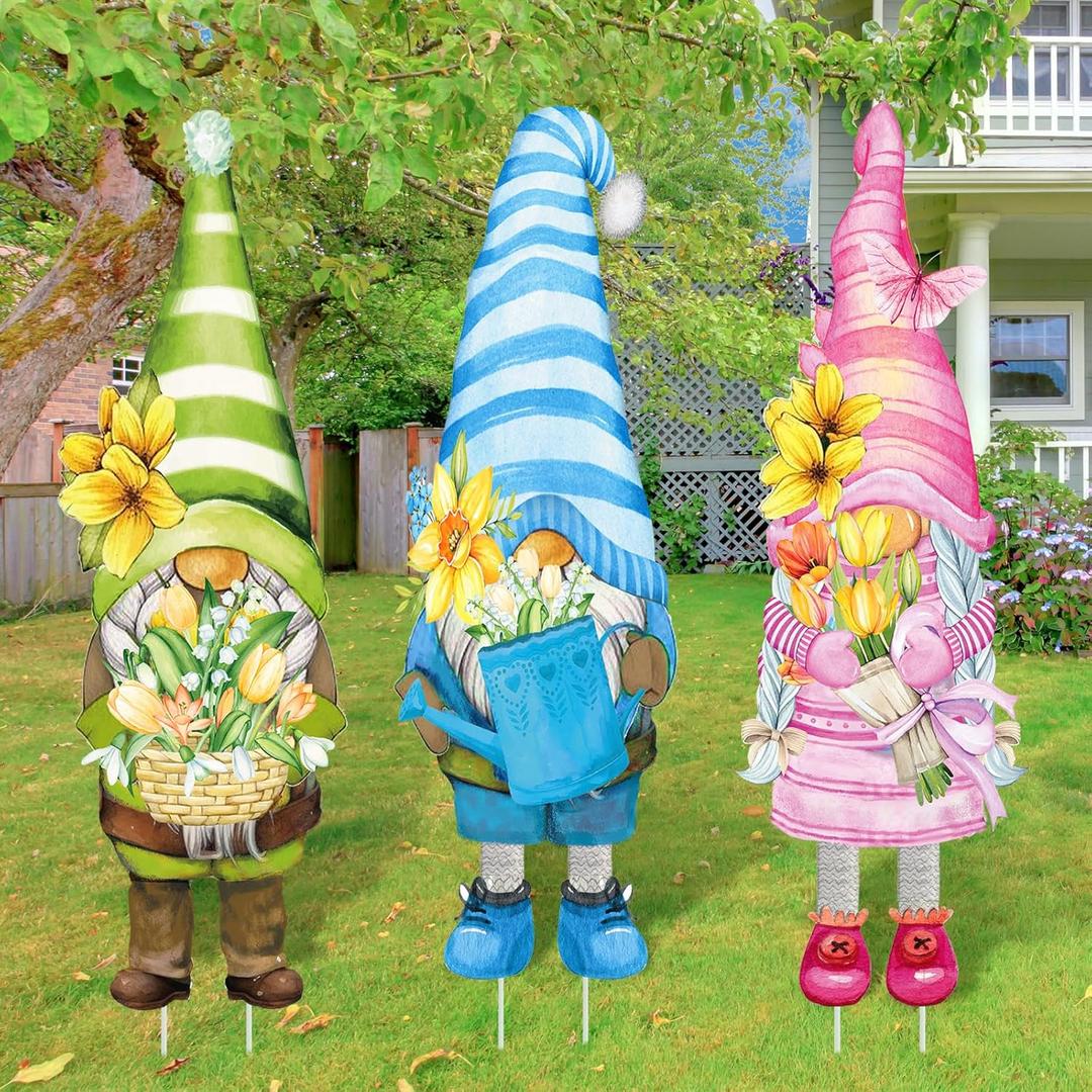 Umigy 3 Pcs Spring Yard Sign Gnome Outdoor Sign with Stakes 32 x 10 Inch Spring Flower Gnome Lawn Decor Spring Yard Decor Spring Lawn Decor for Home Pathway Walkway Decor