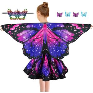 Butterfly Costume for Girls Fairy Wings Kids 4 Pcs(Cape,Skirts,Masks,Hair Clips) Butterfly Wings for Halloween Gifts (Starry Sky Purple Set)