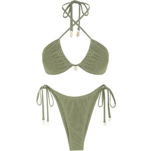 ZAFUL Women's Bikini Set Fishnet Triangle Tie Convertible Collar Halter Bandeau Shell Two Piece Bathing Suit (Green), Small