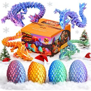 3D Printed Dragon Egg, Christmas Stocking Stuffers for Kids, Cool 3D Printer Articulated Crystal Dragon Toys for Ages 8-13 Boys Girls, 4PCS Animals Fidget Toy Dinosaur Eggs for Boys Kids Teen