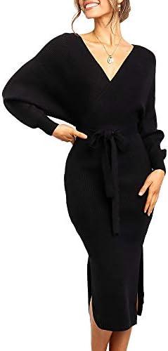 Chang Yun Women's Long Maxi Sweater Dresses Sexy Wrap Batwing V Neck Slit Open Back Holiday Bodycon Dress with Belt, Smal