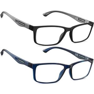 CARA 2 Pack Extremely Lightweight TR90 Reading Glasses for Men Durable Rectangular Frame, Blue Light Blocking Eyeglasses (Black+Blue, +3.00)