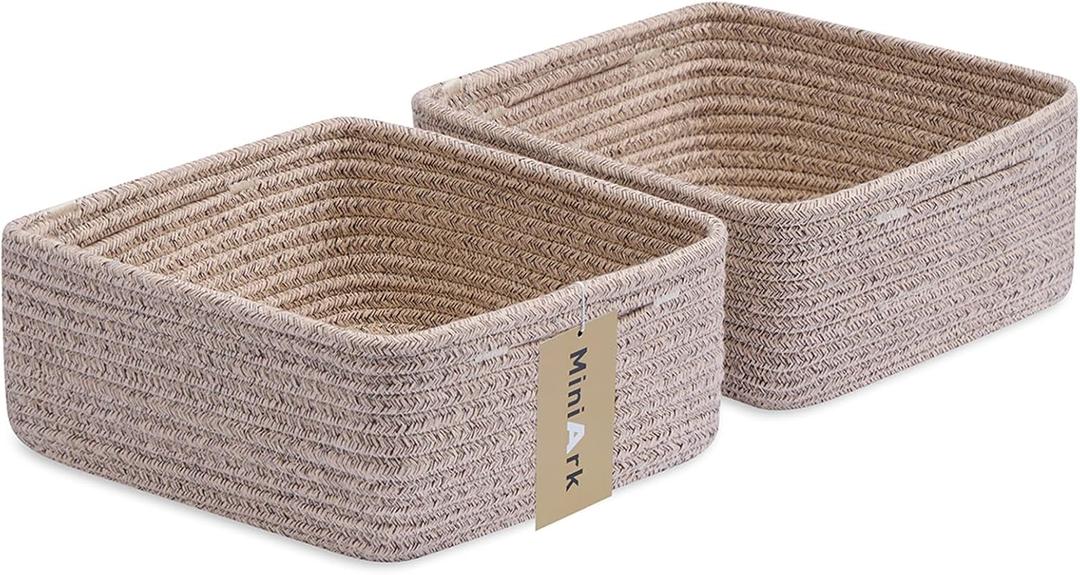 Small Square Shallow Baskets for Organizing, 9.7x9.7x4.3 Inch Rope Woven Storage Bins for Cubes Closet, Shelves Storage, Boho Decorative Basket, 2 Packs Mixed Brown (Natural)