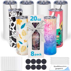 8 Pack 20oz Sublimation Tumbler Blanks Skinny Straight in Bulk, Stainless Steel Insulated Sublimation Tumbler with Polymer Coating for Heat Transfer, With Lid, Straw, ribbon, Gift box