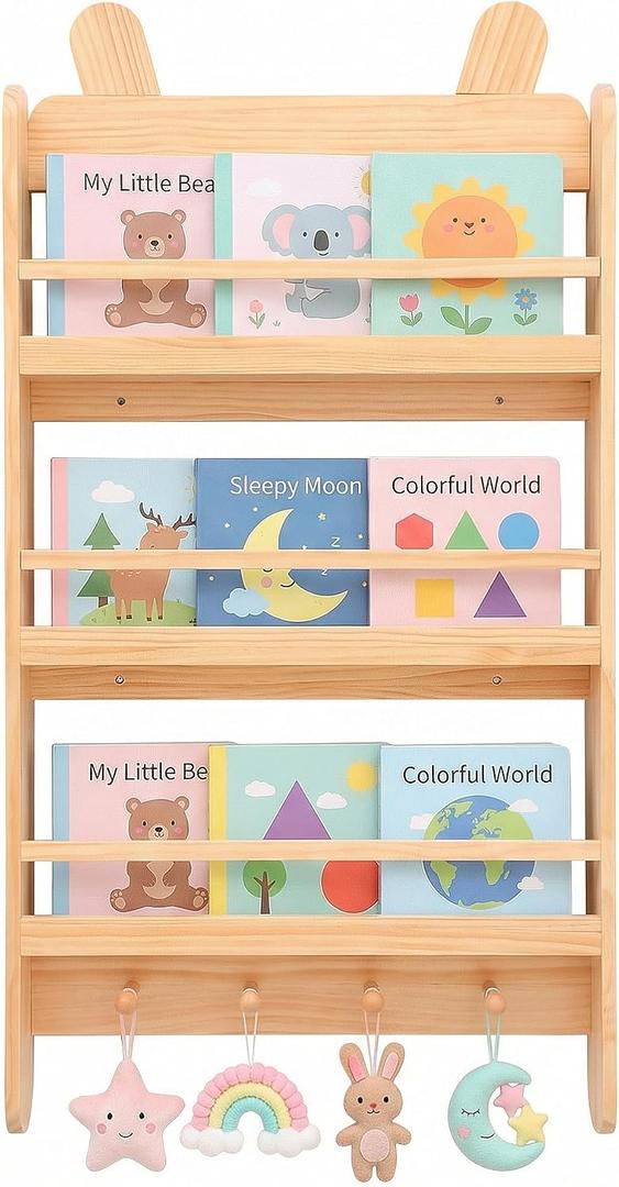 Wooden Kids Bookshelf, 3-Tier Wall Mount Shelf for Toys & Book Storage